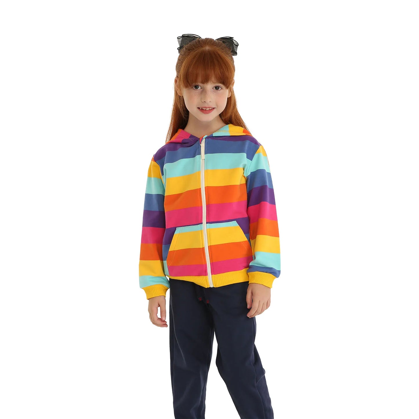 Boy and Girl Hoodies camouflage prints, vibrant rainbow stripe accents.