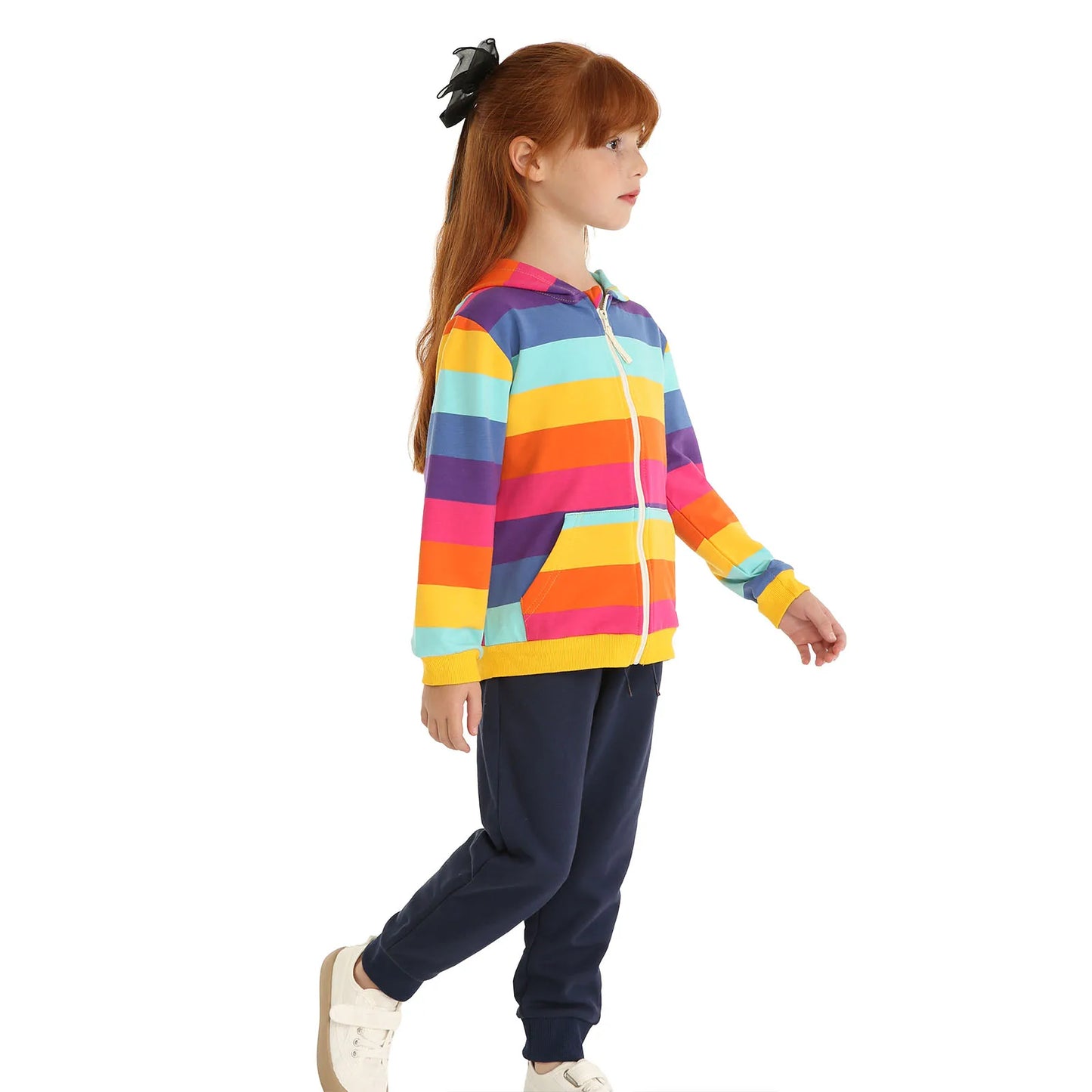 Boy and Girl Hoodies camouflage prints, vibrant rainbow stripe accents.