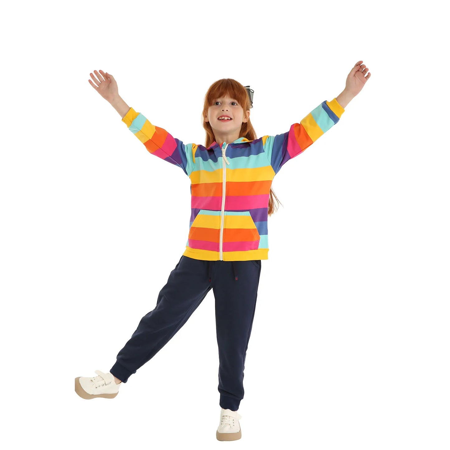 Boy and Girl Hoodies camouflage prints, vibrant rainbow stripe accents.