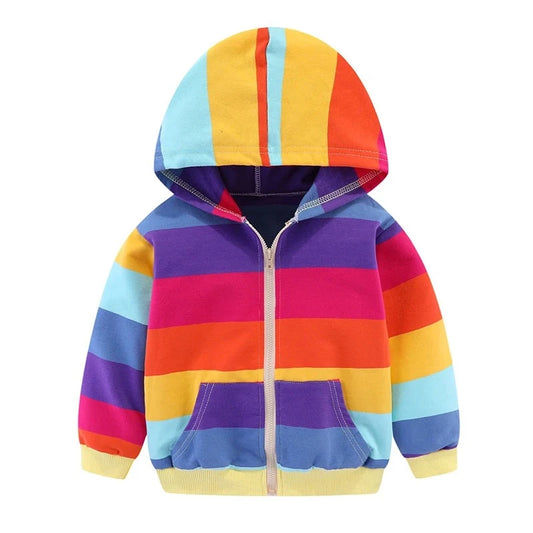 Boy and Girl Hoodies camouflage prints, vibrant rainbow stripe accents.